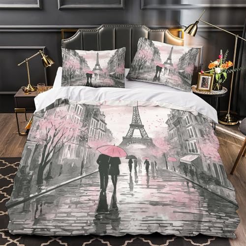 JQKZXNHPDR Paris Street Ensemble De Literie Microfibre Hypoallergique 3D Effet 3 Pièces 2 Taies Douce Watercolor Romantic Parure de Lit Confortable...