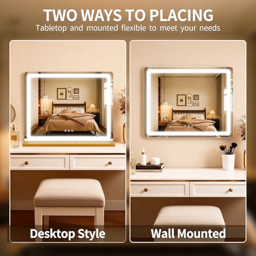 Image of ROLOVE Vanity Mirror with Lights, Lighted Vanity Mirror with Dimmable 3 Modes, LED Makeup Mirror, Touch Screen Control, for Makeup Desk, Dressing Room, Gold, 23x19 Inch