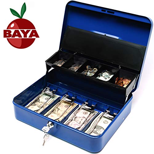 BAYA Cash Box with Money Tray | Key Lock | Tiered Coin Tray