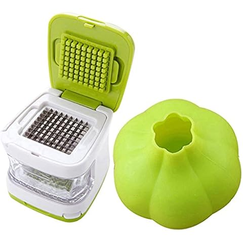 NewFerU Cube Garlic Ginger Press Cutter Mincer Chopper Crusher Slicer Grater Grinder Dicer Machine Food Aid in Plastic Stainless Steel with Silicone Peeler Kitchen Gadget Green Tool Set Cover
