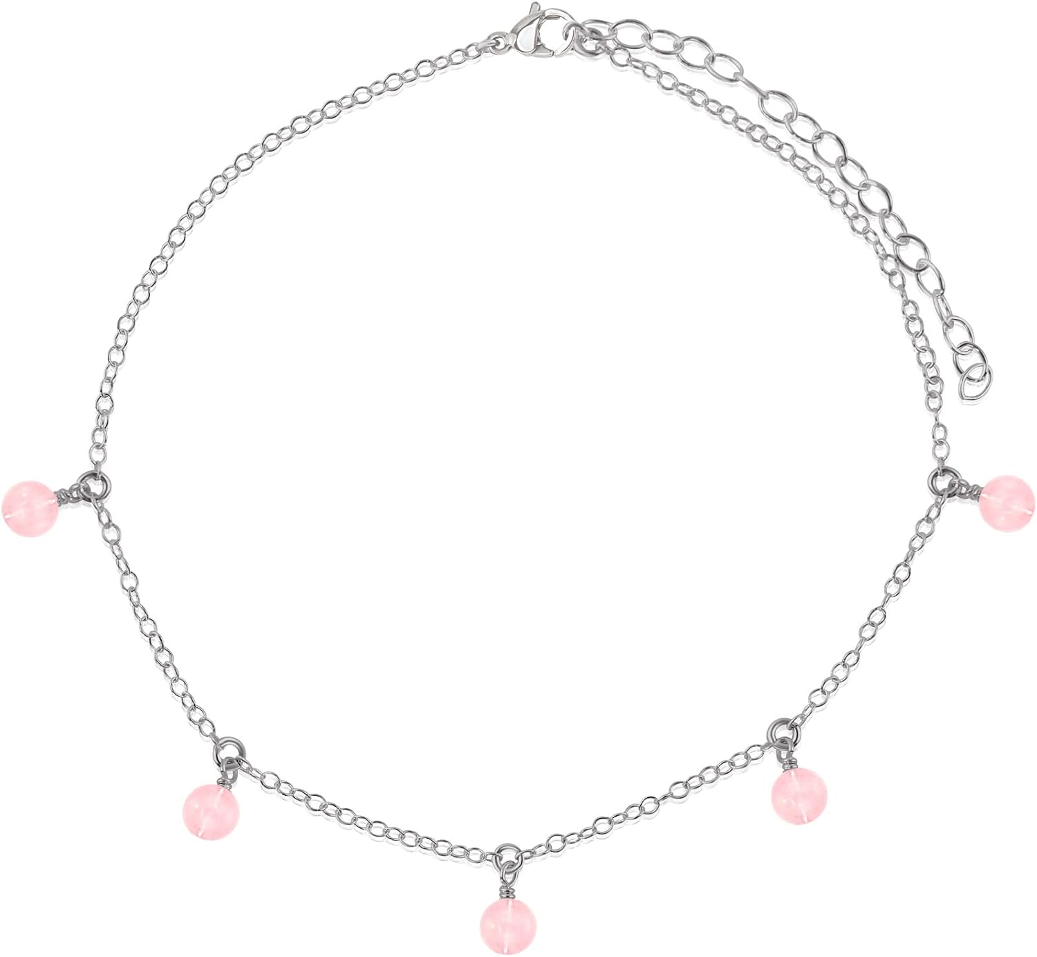 Luna Tide Rose Quartz Bead Drop Anklet in Stainless Steel