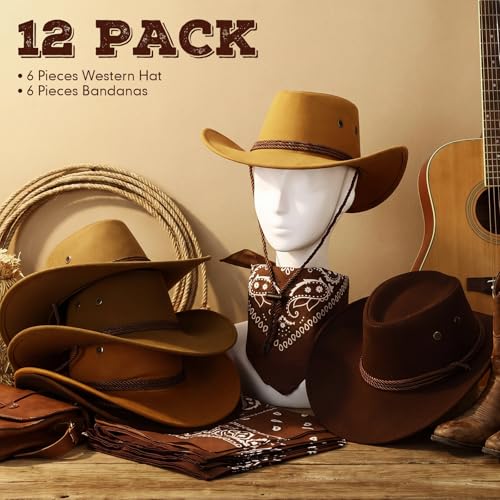 Image of Zhanmai 12 Pcs Cowboy Hat and Bandana Cowboy Cowgirl Hats Bulk Western Party Costume Halloween Accessory