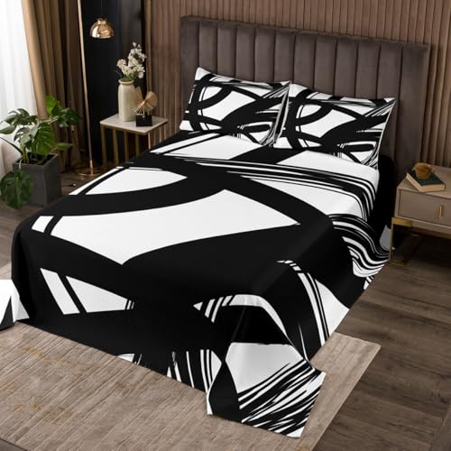 Feelyou Kids Abstract Bedspread King Size Deep White Black Quilted Coverlet for Boys Girls Teens Bedroom Decor Modern Art Coverlet Set Geometric Breathable Soft Lightweight Microfiber 3Pcs