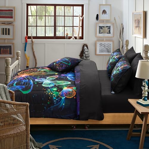 Image of A Nice Night 3D Butterfly Galaxy Bedding Sets Kids Full Comforter Set | Butterfies Flying in Space Printed,Glitter Bedding Bed in a Bag, For Boys Girls Teen Room Decor,All Seasons,Ultra Soft