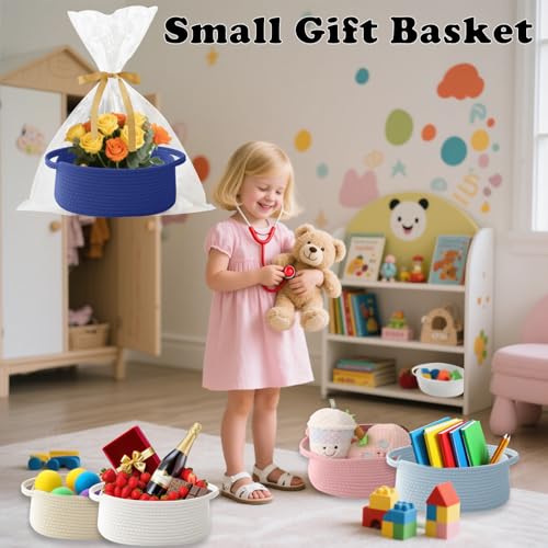 Image of Royal Blue Woven Rope Basket,Baby Gift Basket with Bag & Ribbon