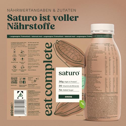 Saturo Astronautennahrung Cocoa | Trinkmahlzeit | 36 g Protein, zuckerfrei, 400 kcal | Trinknahrung Mit Wertvollen Nährstoffen | 6 x 400 ml