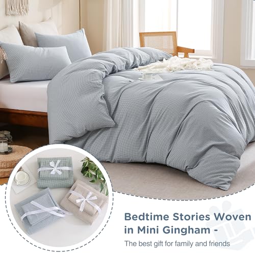 Image of TOCOMOA Mini Gingham Blue Duvet Cover Bedding Set 100% Washed Cotton Like Linen Feel Super Soft Comfortable 3 Piece Small Plaid Checkered Comforter Cover Set (King 104 inchx90 inch, Comforter Not Included)
