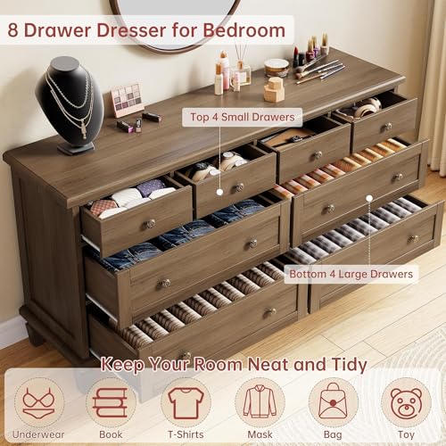 Garvee 8 Drawer Dresser for Bedroom, Vintage 59" Long Dresser TV Stand with Carved Handles and Tapered Legs, Wood Chests of Drawers with Large Capacity, Light Brown - image 4