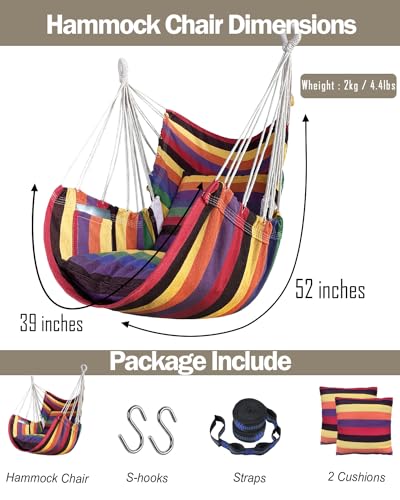 Image of Halalona Hammock Chair Hanging Hammock Chair Rope Swing 2 Cushions Included-Sturdy & Durable Soft Cotton Hand Woven Hammock Swing for Bedroom, Porch, Patio-Indoor /Outdoor