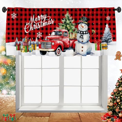 Cuteiush Christmas Snowman Truck Window Valance Curtains Red Buffalo Check Holiday Kitchen Home Decor Seasonal 51x18 Inches