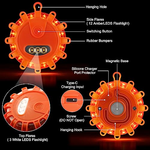 image for Meliya USB C Rechargeable LED Road Flares Emergency Lights with Magnet