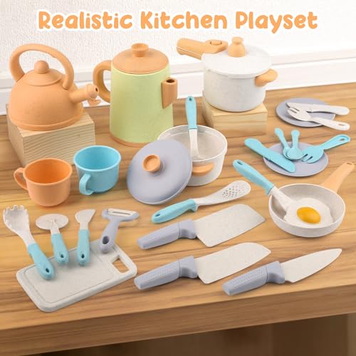 Dreamon Kids Play Kitchen Toys Accessories, Pretend Play Cooking Cookware Pots and Pans Utensils Playset, Kids Kitchen Cooking Toys for Girls Boys Toddler