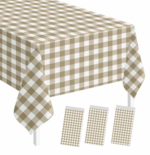 Image of SietDESEO 3 Pack Brown Gingham Tablecloth Rectangle 54 x 108 Brown and White Checkered Table Cloth Disposable Plaid Table Cover Plastic for Birthday Baby Shower Picnic Wedding Party Supplies