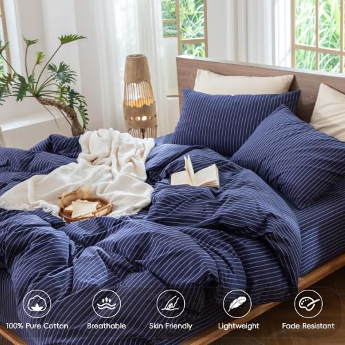 Image of MooMee Striped Duvet Cover Set 100% Washed Cotton Linen Like Queen | Relaxed Linen-like Texture. Soft, Breathable & Long-lasting Comfort. Lightweight. Hidden Zipper with 8 Interior Corner Ties