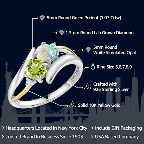 Gem Stone King 925 Sterling Silver and 10K Yellow Gold Round Cabochon White Simulated Opal Green Peridot and Lab Grown Diamond 2 Stone Crossover Ring For Women (1.07 Cttw, Available 5,6,7,8,9)2