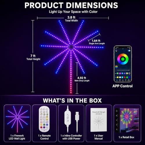Image of MORIACC Smart Firework LED Lights, USB Powered Room Decor with Realistic Blooming Visuals, Color Changing, App & Remote Control, Music Sync Strip Light for Party & Christmas(19.6inches)