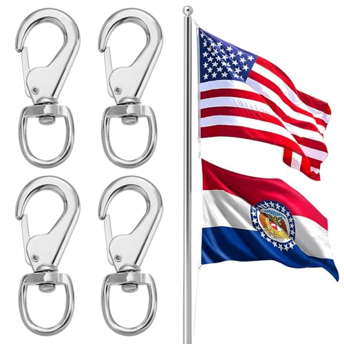 PAMASE Large Flag Clips for Flagpole Rope - 4pcs Heavy Duty 0.3in Thick Zinc Alloy Metal Swivel Snaps Hooks Hold American National Flag Outdoor Dog Leash Key Chain Leather Craft Durable Antirust