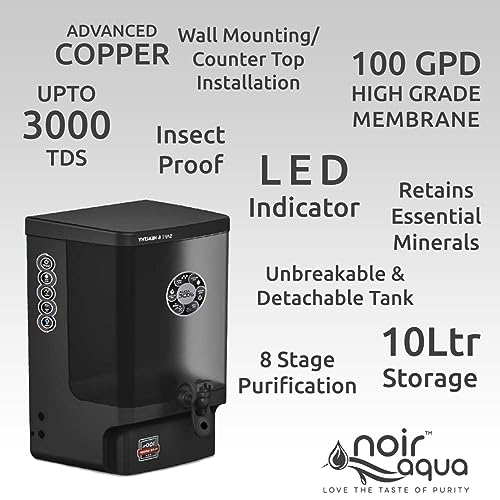 Image of Noir Aqua Jade Premium Ro Water Purifier For Home With Active Copper+Ro+Uv+Uf+Tds Control+Pre Filter+Protection Cover&Accessories,Ro Water Filter System For Home 10 Ltrs,8 Stage (Black)