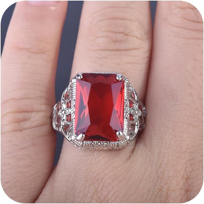 Elegant Huge Natural 3.5Ct Tanzanite 925 Silver Ruby Engagement Rings for Women's，925 Silver Plated Emerald Cut Created Red Gemstone Ring Crystal Promise Wedding Band for Women Size 8#