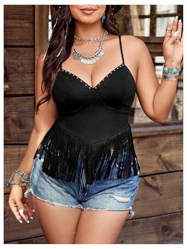 SOLY HUX Women's Plus Size Fringe Studded Western Top Deep V Neck Sleeveless Cowgirl Camisole Tops4