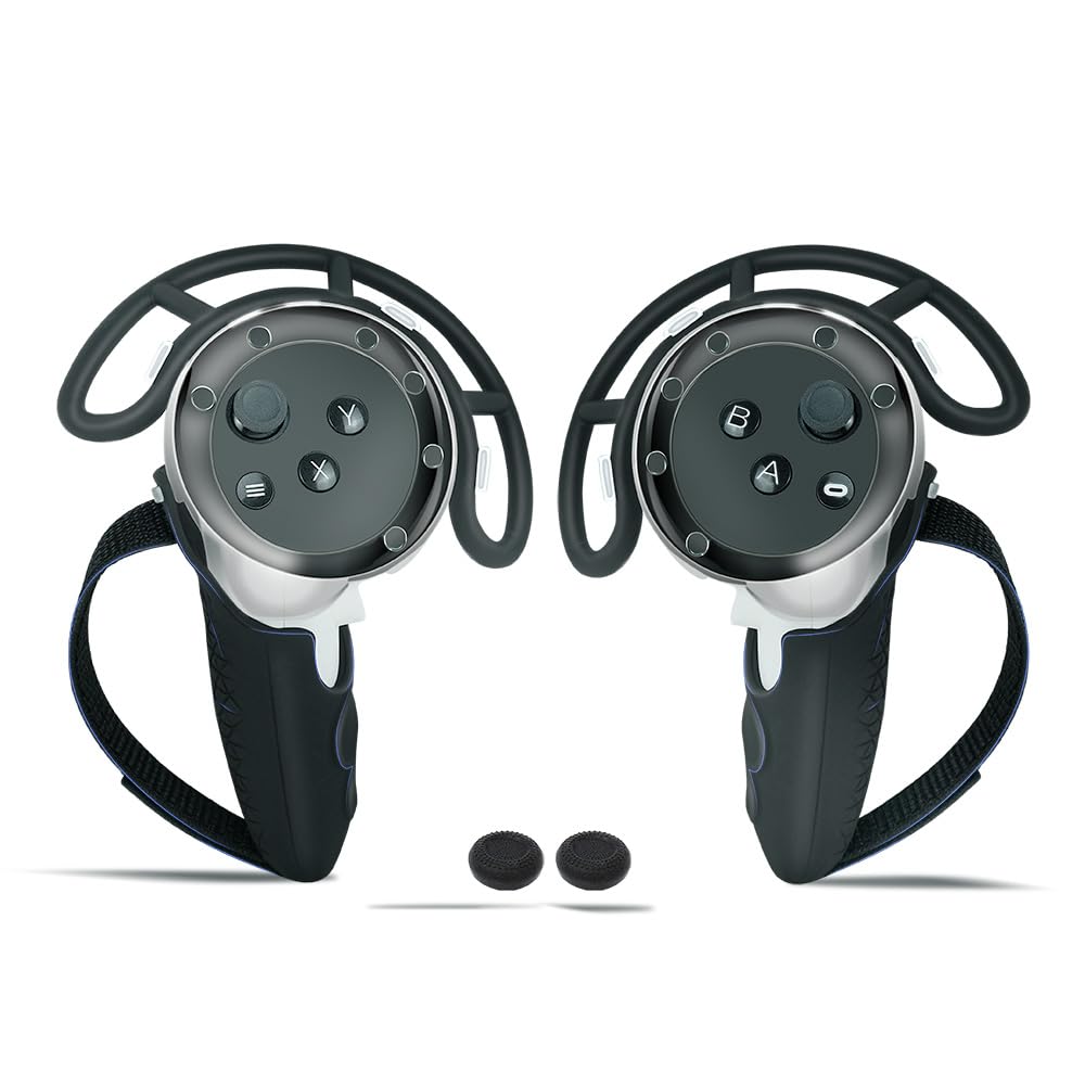 Per Meta Quest 3 - Custodia per impugnature del controller + anello paracolpi per impugnature + tappi per i pulsanti del pollice,Custodia protettiva in silicone con cinturino per le nocche (Nero)
