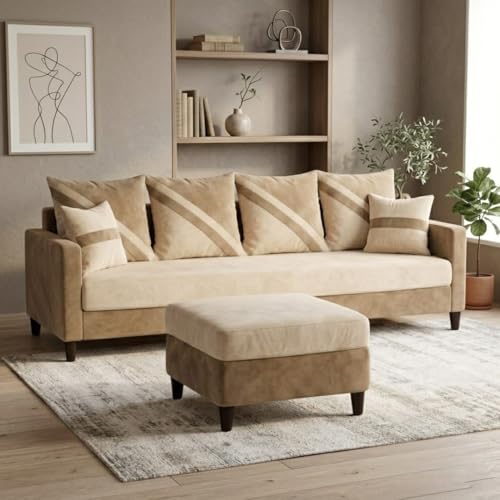 Image of SLEEPIFY Canza 4 Seater Sofa Set with Ottoman (Cream - Beige) | Premium Soft Velvet | Plush Comfort Cushions | Modern Living Room Sofa | Spacious Comfortable Seating