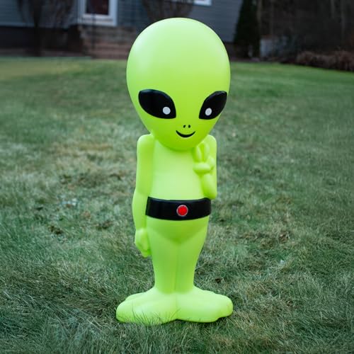 Image of 24-Inch Lighted Alien Novelty Blow Mold Light - Cute Retro Green Martian with Peace Sign - Indoor /Outdoor Display, Sci-Fi Decor, Unique Yard Art with Plug-in Lights