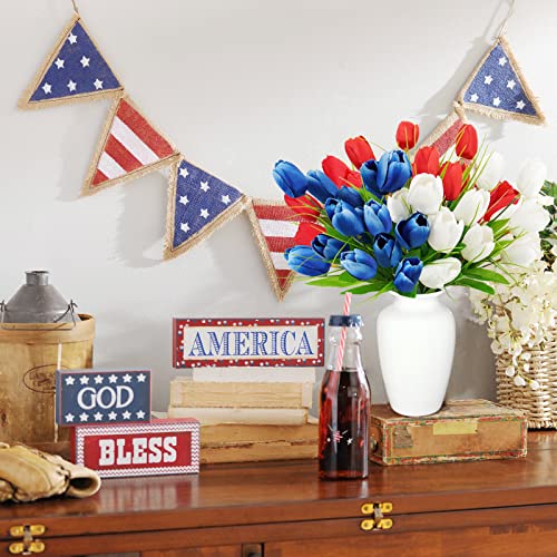 Obbsie Patriotic Artificial Tulip Flowers, 13" Fake Red White And Blue Memorial Tulips Bouquet 4Th Of July Memorial Day Cemetery Flowers Arrangements For Grave Vase Home Party Decor #TOP4