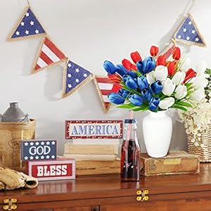 Patriotic Artificial Tulip Flowers 13 Fake Red White and Blue Memorial Tulips Bouquet 4th of July Memorial Day Cemetery Flowers Arrangements for Grave Vase Home Party Decor