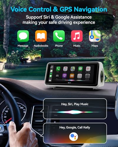 Image of Portable Apple Carplay Screen for Car, Touch Screen with Wireless Android Auto, Car Audio Receivers with Voice Control, Mirror Link, Music Play, GPS Navigation, Built-in Customized Speakers (White)