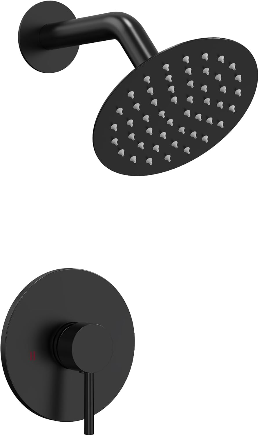 Matte Black Single Function Shower Trim Kit with 6 Inch Round Stainless Steel Metal Shower Head, Wall Mount Rainfall Shower Sytem Solid Brass Valve, 1 Handle Control