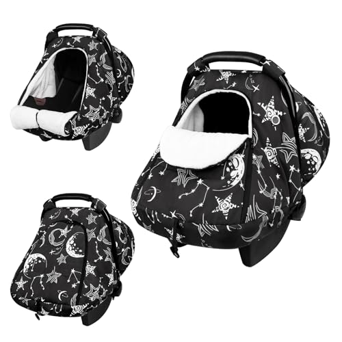 Image of Winter Car Seat Cover Baby, GFU Warm Carseat Cover for Babies, Universal Infant Car Seat Canopy Waterproof, Cold Weather Shield Coats Black Star