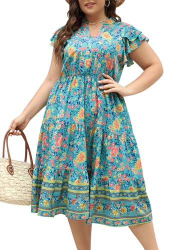 Image of Keluummi Plus Size Midi Dress for Curvy Women Wedding Guest Summer Floral Empire Waist Short Sleeve with Pockets