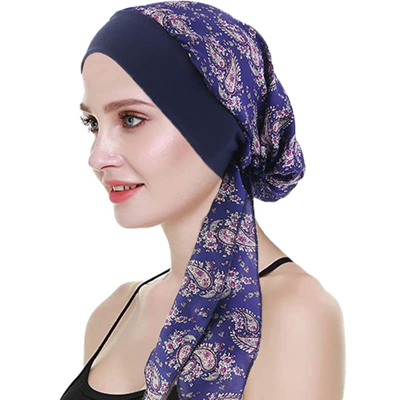 WUERKIYA Femenino Sombreros para quimio, Pañuelo para La Cabeza para Mujer Tocado para Mujer Tocado para Quimio Conjunto Preatado Pañuelo para La Cabeza Plisado Gorro Gorro para - Ameba azul oscuro