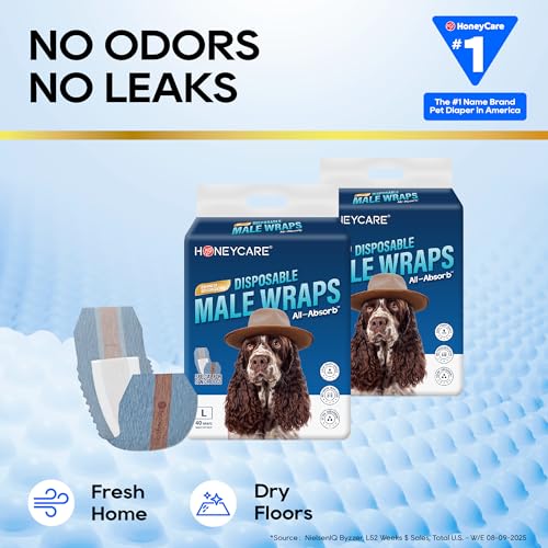 Image of Honeycare Disposable Male Wraps for Senior Dogs, Large Size, 40 Count, Super Absorbent, Breathable, Wetness Indicator, Super Deodorization, Cute Suit Suspenders Design