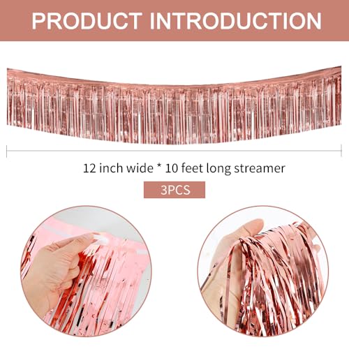 Image of BEISHIDA 3 Packs 30 Feet Metallic Foil Fringe Garland Tinsel Streamers，Shiny Rose Gold Wall Hanging Tinsel Fringe Banners for Wedding Birthday Party Decoration Halloween Christmas New Year