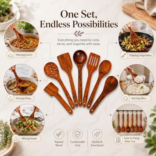 Image of SIGNAMIO 7-Piece Wooden Spatula Set for Cooking, Natural Sheesham Wood Kitchen Utensils Set, Non-Stick Safe Cooking Tools, Turner, Ladle, Slotted Spatula & Serving Spoon Set for Kitchen