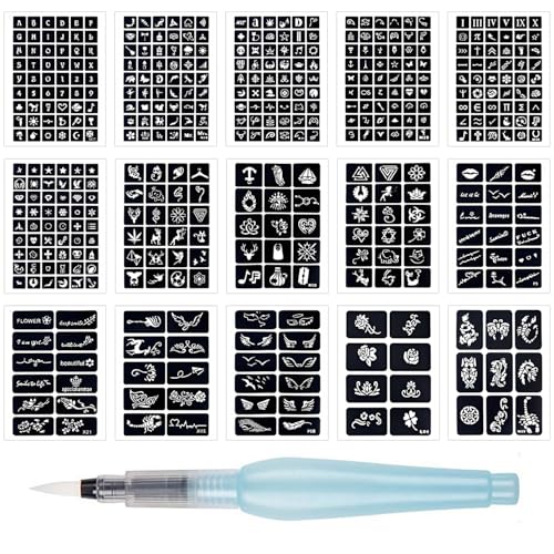 Xynovate Kit de Tatuajes Temporales, Plantillas de Tatuaje con Purpurina, 15 Hojas de Plantilla de Tatuaje Temporal Reutilizable para Niños Adultos, Arte Corporal