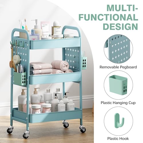 Image of KINGRACK 3 Tier Rolling Cart with DIY Pegboard, Metal Utility Cart with Wheels, Hooks & Baskets, Sturdy Storage Organizer for Craft, Bathroom, Kitchen, Office, Nursery, Classroom(Blue)