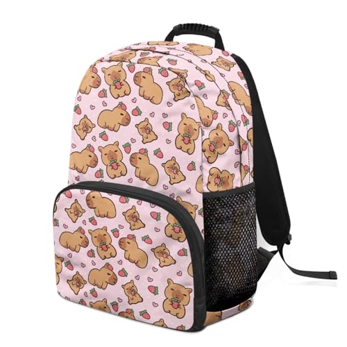 WELLFLYHOM Personalized Capybara School Bag Set for Girls Custom 4 in 1 Strawberry Book Bag with Lunch Box Three Layer Pencil Case for Junior High School Students Kids Backpack Set2