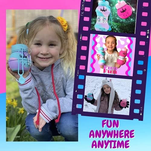FunKitZ by AToZ UK Unicorn Girls Water Bottle - Collapsible, Drop Resistant Water bottle kids - Leakproof kids Water Bottles with Flip Spout - Girls water bottles for school - 550ml (Rainbow Unicorn)