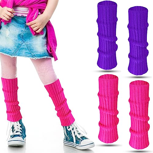 Loopeer 2 Pairs 80s Neon Leg Warmers for Girls Toddler Knit Ribbed Leg Socks for 1980s Party Cosplay Costume Accessory(11.02 x 2.76 In Rose Red Purple)