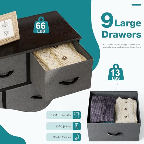 Image of OLIXIS 9-Drawer Fabric Storage Dresser Chest Organizer Unit, Grey | Sturdy and lightweight fabric drawers with easy-pull handles,Space-saving versatile organizer for clothes, bedroom