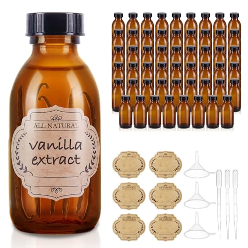 54 Pack 4 oz Boston Glass Bottle with Cap, Empty Glass Bottles for Homemade Vanilla Extract, Essential Oils, Juice, Potion, Syrup, Liquids, Christmas, Holiday Gift (Brown)
