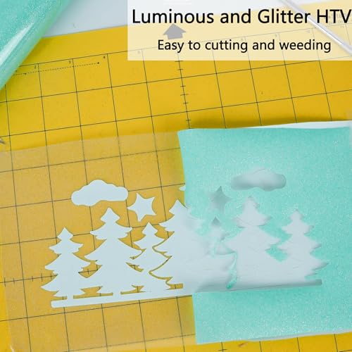 Image of HTVVETUR Glitter Cyan Heat Transfer Vinyl, Glow in The Dark HTV Vinyl Roll 12 inch x 9ft, Easy to Cut & Weed for Heat Press DIY Craft