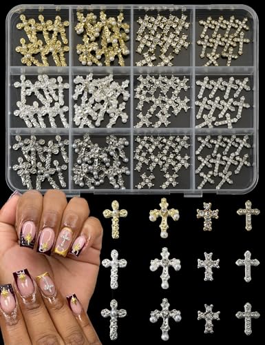 OPMADM 120 Pcs 3D Cross Nail Charms 12 Grids Metal Nail Art Charms White Gold Silver Gold Cross Charms for Nails