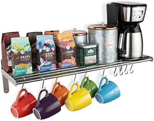 Wallniture Lyon Kitchen Organization and Storage Rack, Metal Wall Shelf with 10 S Hooks for Hanging Pots and Pans, Chrome