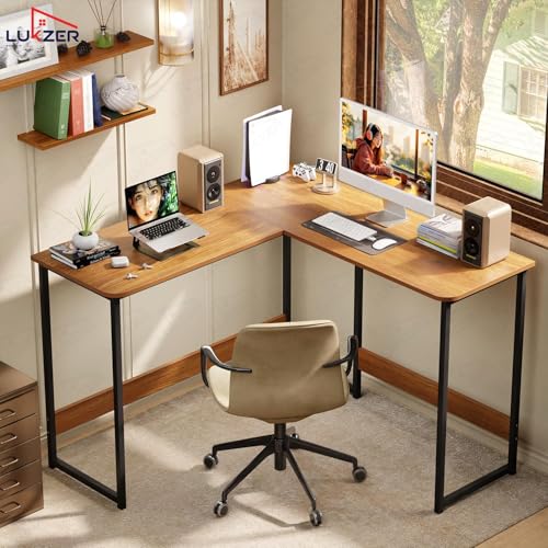 Image of Lukzer Engineered Wood L-Shaped Corner Study and Computer Laptop Table for Home or Office | MST-007 /Black & Oak Brown | Multi-Functional Gaming Station and WFH Desk with Metal Frame