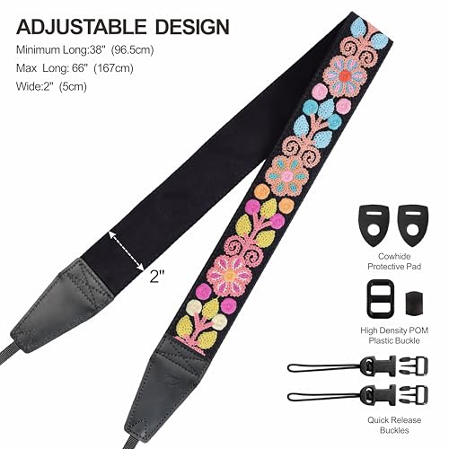 Image of Padwa Lifestyle Colorful Crochet Camera Strap - 2 inch Full Grain Leather Ends Camera Straps for Photographers, Vintage Woven Cotton Soft Suede Fabric Padded Strap with Quick Release fits All Cameras