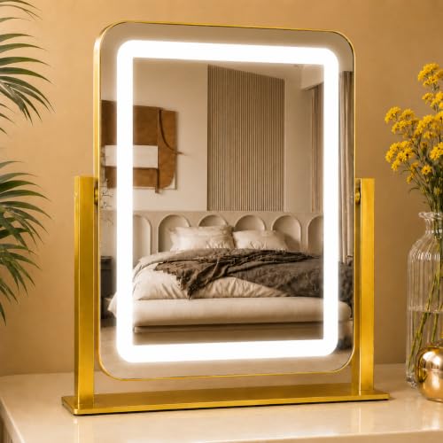 HNV 15 x 13 Gold Lighted Makeup Mirror 3-Color Dimmable LED Vanity Mirror with Touch Control Plug-in Desk Mirror with 360 Rotation for Bedroom Dorm & Vanity Table